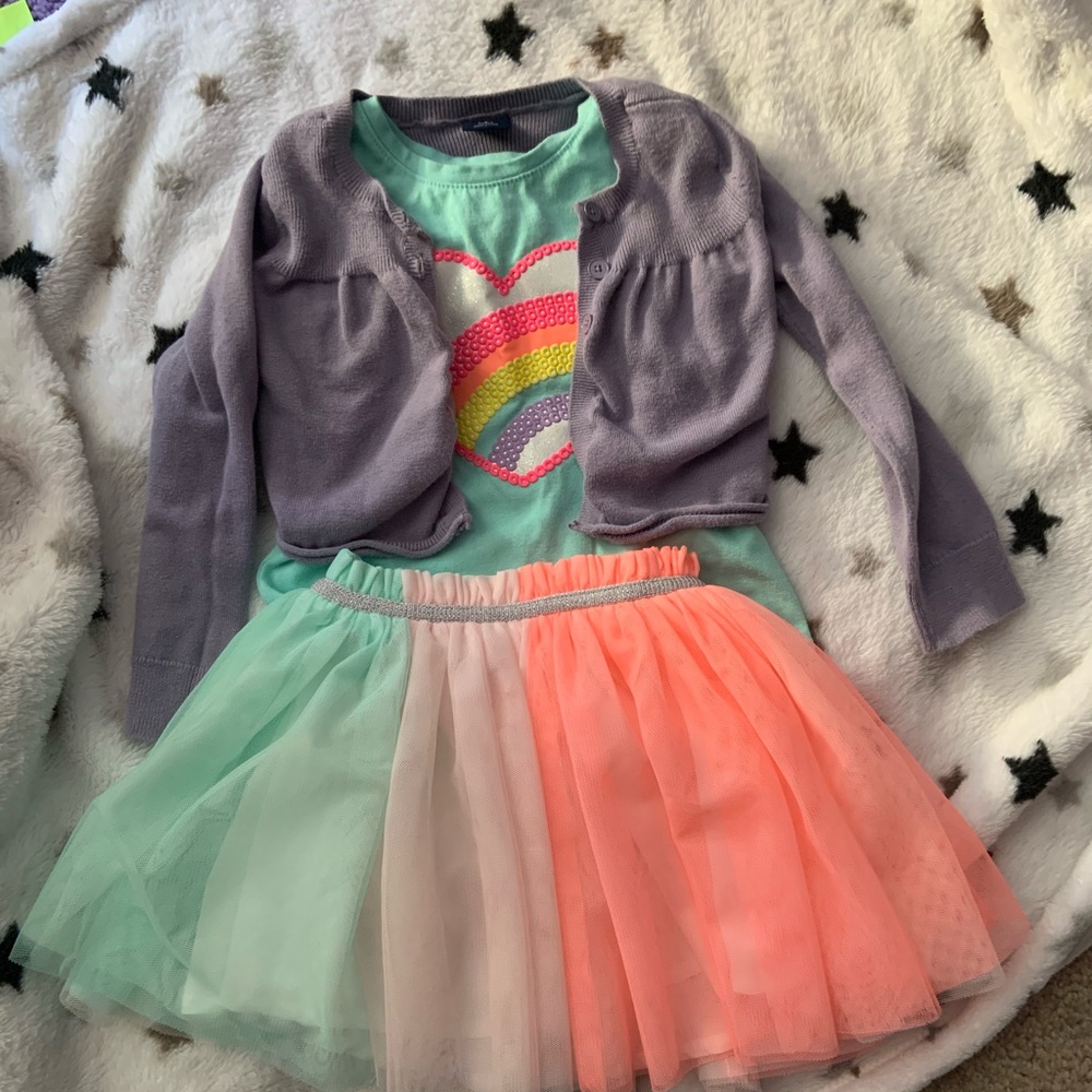 Carter’s tutu skirt, Granimals tee, Gap cardigan